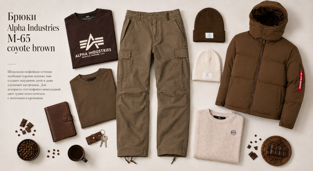 Инфографика по мужским брюкам Alpha Industries M-65 - с чем носить брюки Альфа Индастриз М-65 осень 2026