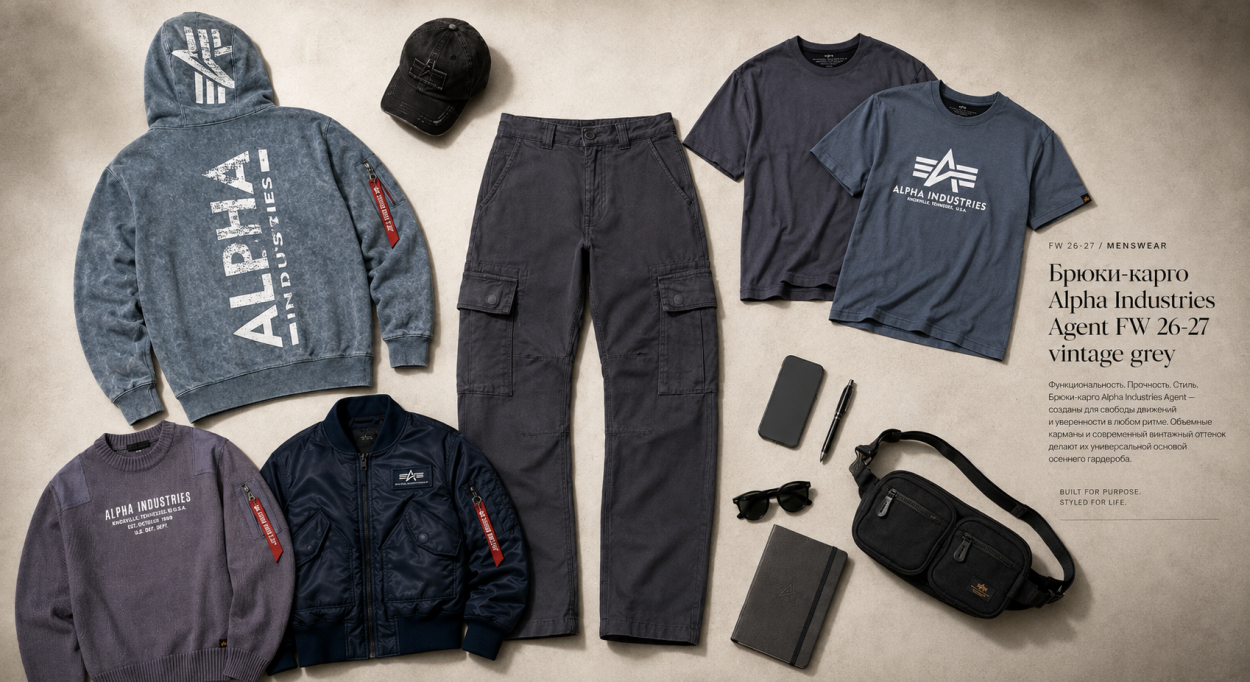 Инфографика с сетом одежды для брюк-карго Alpha Industries Agent vintage grey - с чем носить мужские брюки Альфа Индастриз Агент