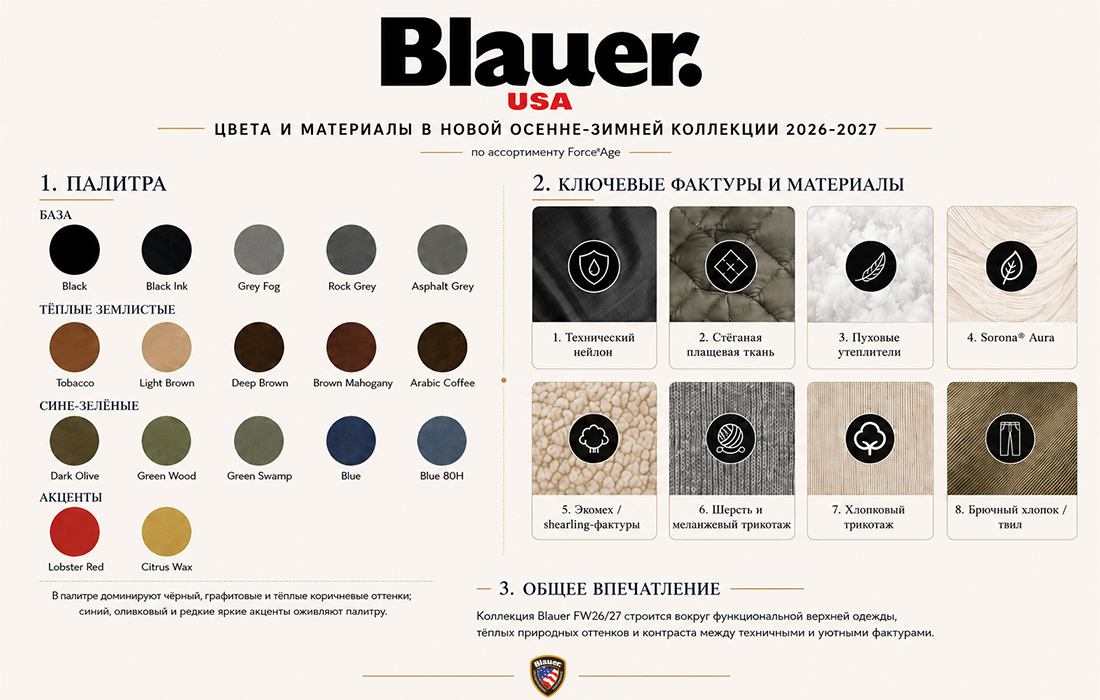 Инфографика Blauer USA — цветовая палитра и фактуры новой осенне-зимней коллекции Blauer USA FW 26/27