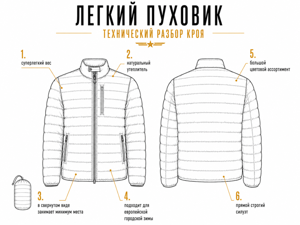 Инфографика - детали кроя легкого пуховика. Лучшие мужские куртки для зимы 2026/27