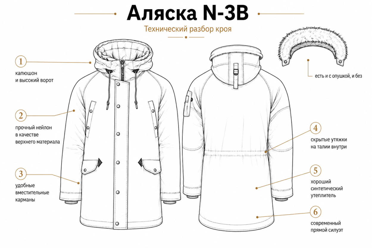 Инфографика - аляска N-3B и детали ее кроя. Почему мужская аляска - лучшая куртка на зиму?