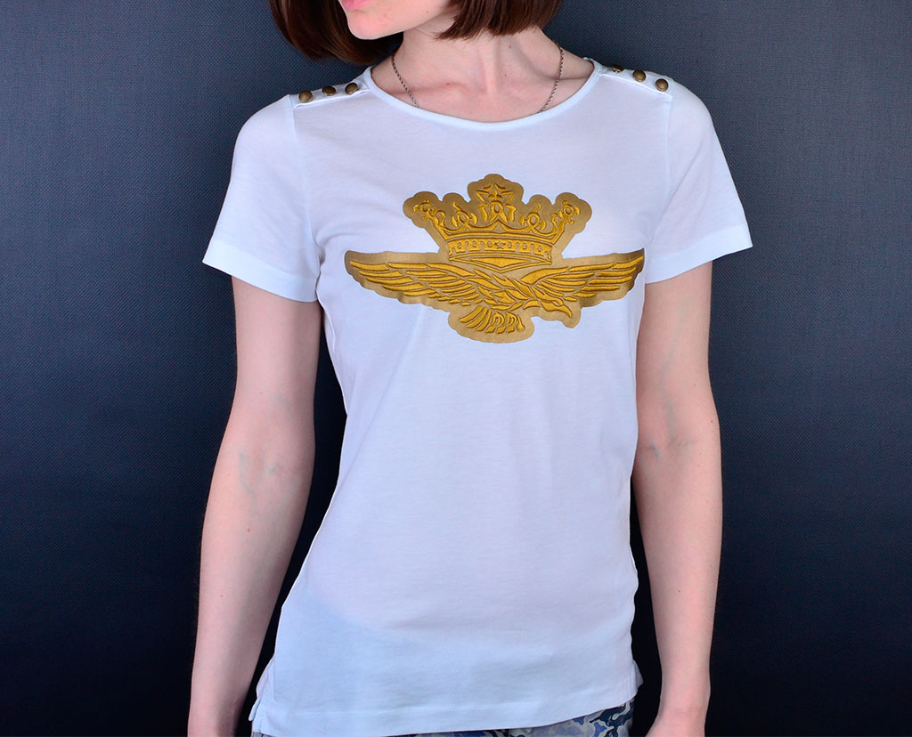 женская футболка aeronautica militare, белая футболка с золотой вышивкой