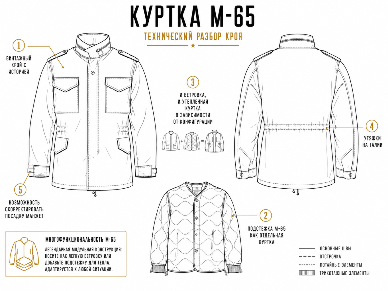 Инфографика - детали кроя куртки М-65 с подстежкой. Лучший мужские куртки на зиму 2026/27