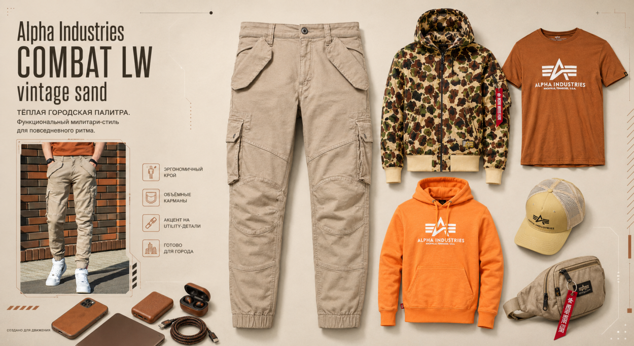 Инфографика по брюкам Alpha Industries Combat LW vintage sand - с чем носить брюки-карго Альфа Combat Инфографика по брюкам Alpha Industries Combat LW vintage sand - с чем носить брюки-карго Альфа Combat