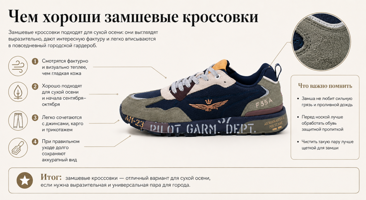 Чем хороши замшевые кроссовки на осень инфографика 2