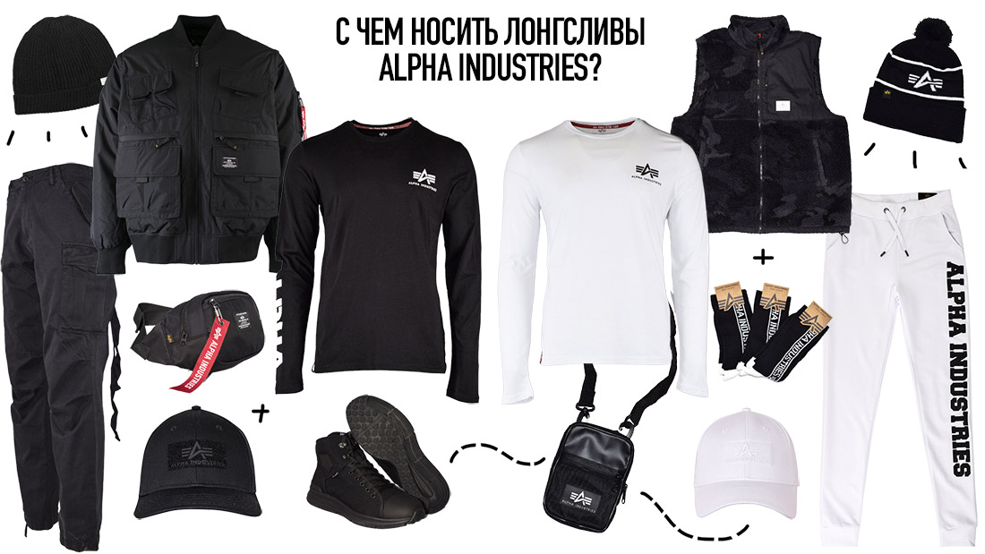 Инфографика с чем сочетать лонгсливы Alpha Industries