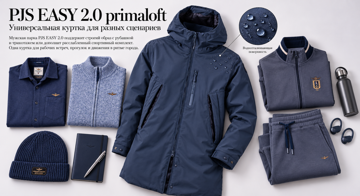 Инфографика по мужской мембранной парке PJS EASY 2.0 primaloft - с чем носить офисный образ и спортивный образ